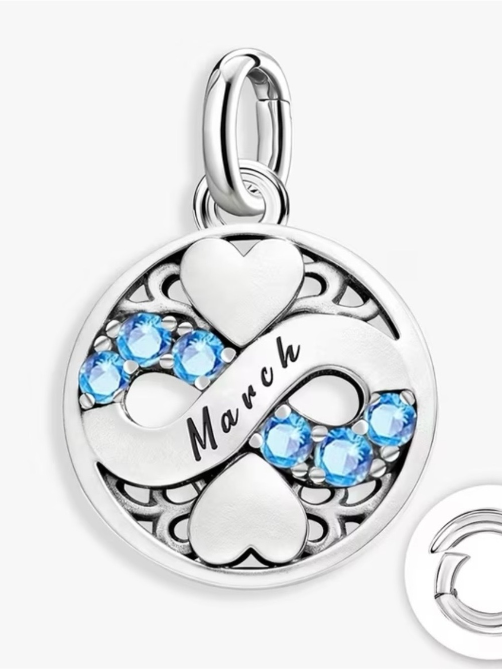 March Birthstone Infinity Heart Charm Pendant. Sterling Silver